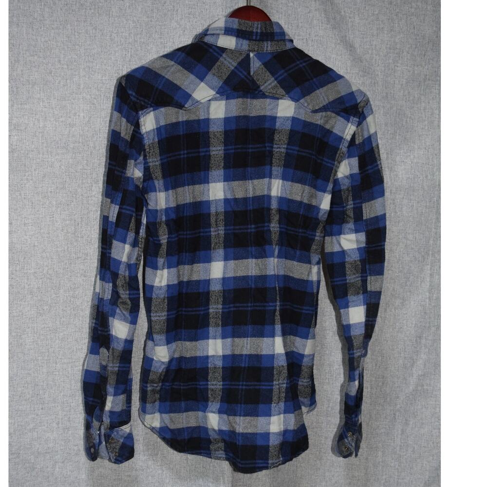 Diesel Mens Medium Western Flannel Shirt Blue Black Plaid Snap Front - Picture 4 of 4